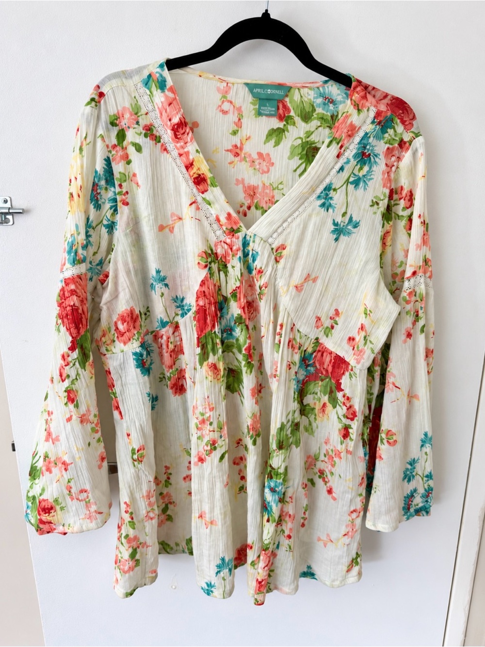 April Cornell White Floral V-Neck Tunic with Pink & Green Accents